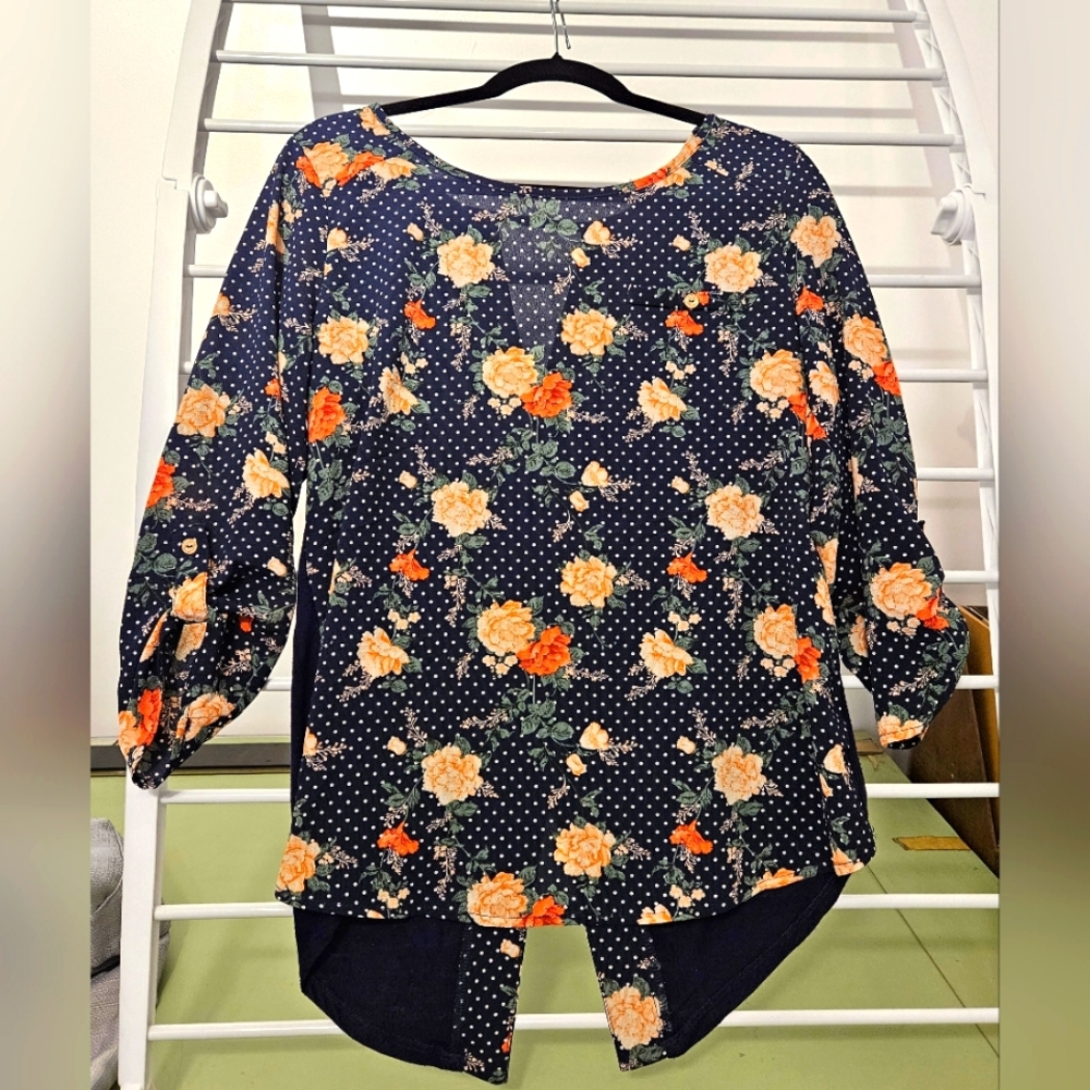 Janet Chung Roll Tab Sleeve Floral and Polka Top